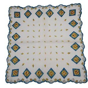 VTG Floral Yellow Rose Handkerchief Hand Rolled Scalloped Edge Womans Hankie